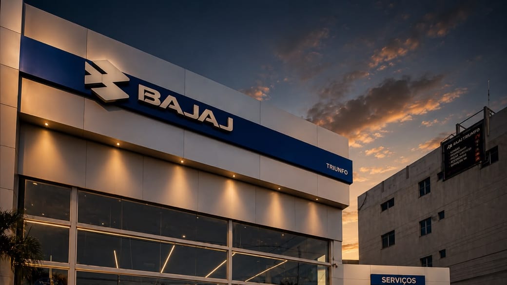 Fachada da concessionária Bajaj Vitória iluminada ao entardecer