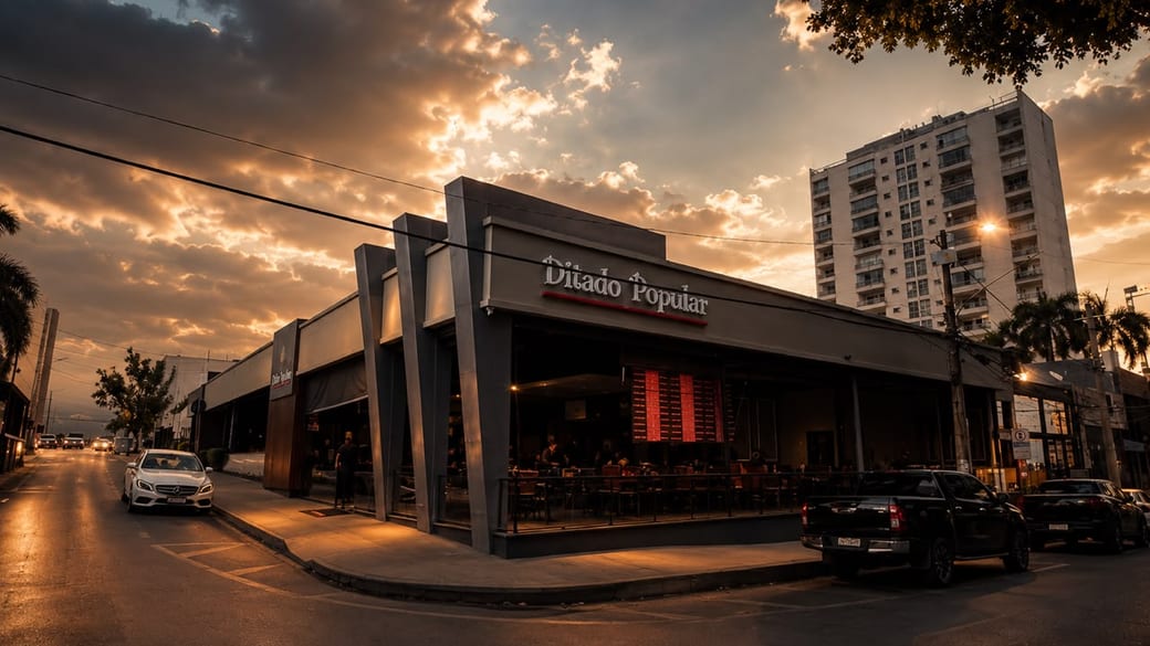 Fachada do Ditado Popular ao entardecer, com mesas na calçada
