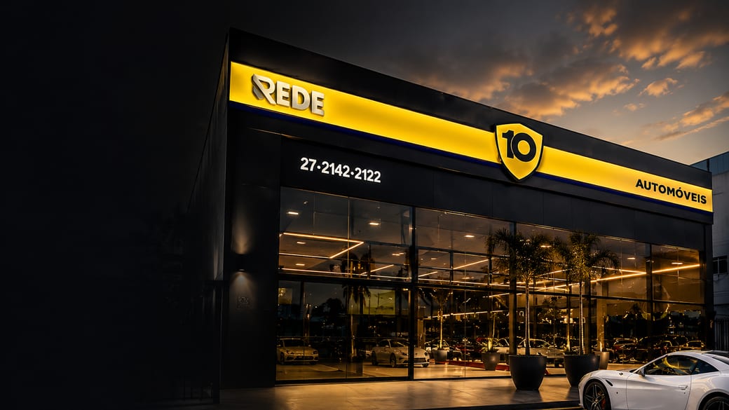 Fachada iluminada da concessionária Rede 10 Automóveis ao entardecer