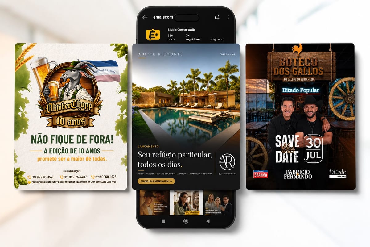 Criativos de redes sociais para eventos e lançamento imobiliário, ao lado do perfil da agência no Instagram